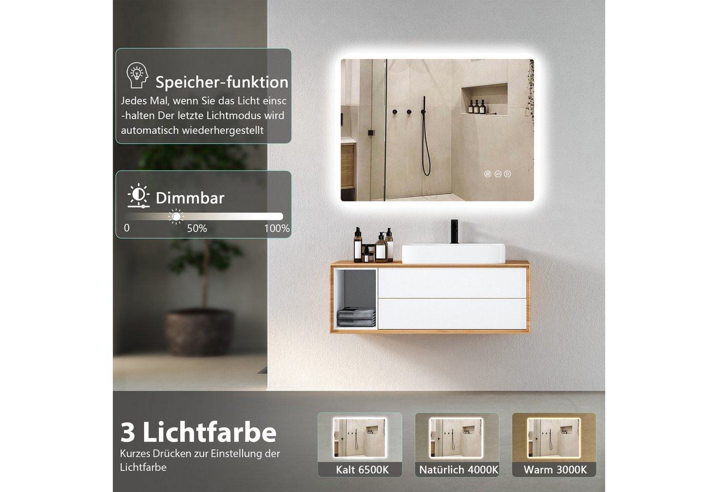 Badezimmerspiegel Mit Led-beleuchtung 80x60 Cm, Led Touch-schalter, 3 Lichtfarben, Dimmer, Anti-beschlag,防爆-glas, Ip44, Horizontal/vertikal Bild 2