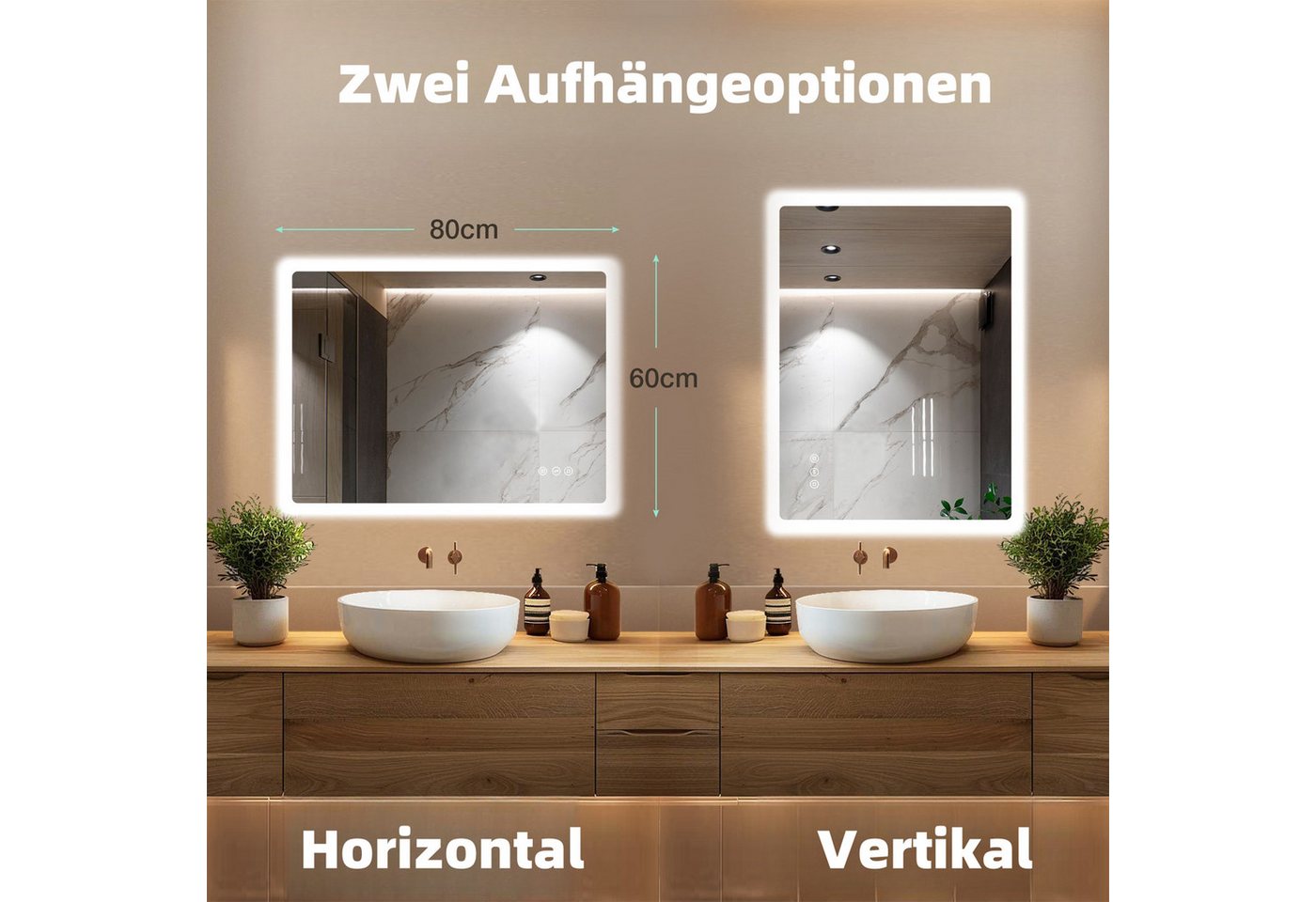 Badezimmerspiegel Mit Led-beleuchtung 80x60 Cm, Led Touch-schalter, 3 Lichtfarben, Dimmer, Anti-beschlag,防爆-glas, Ip44, Horizontal/vertikal Bild 3