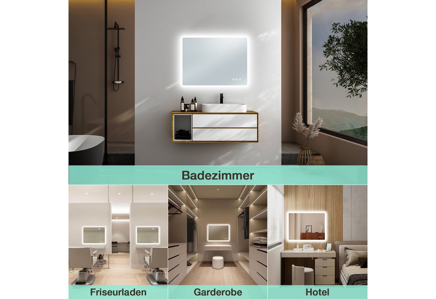 Badezimmerspiegel Mit Led-beleuchtung 80x60 Cm, Led Touch-schalter, 3 Lichtfarben, Dimmer, Anti-beschlag,防爆-glas, Ip44, Horizontal/vertikal Bild 5