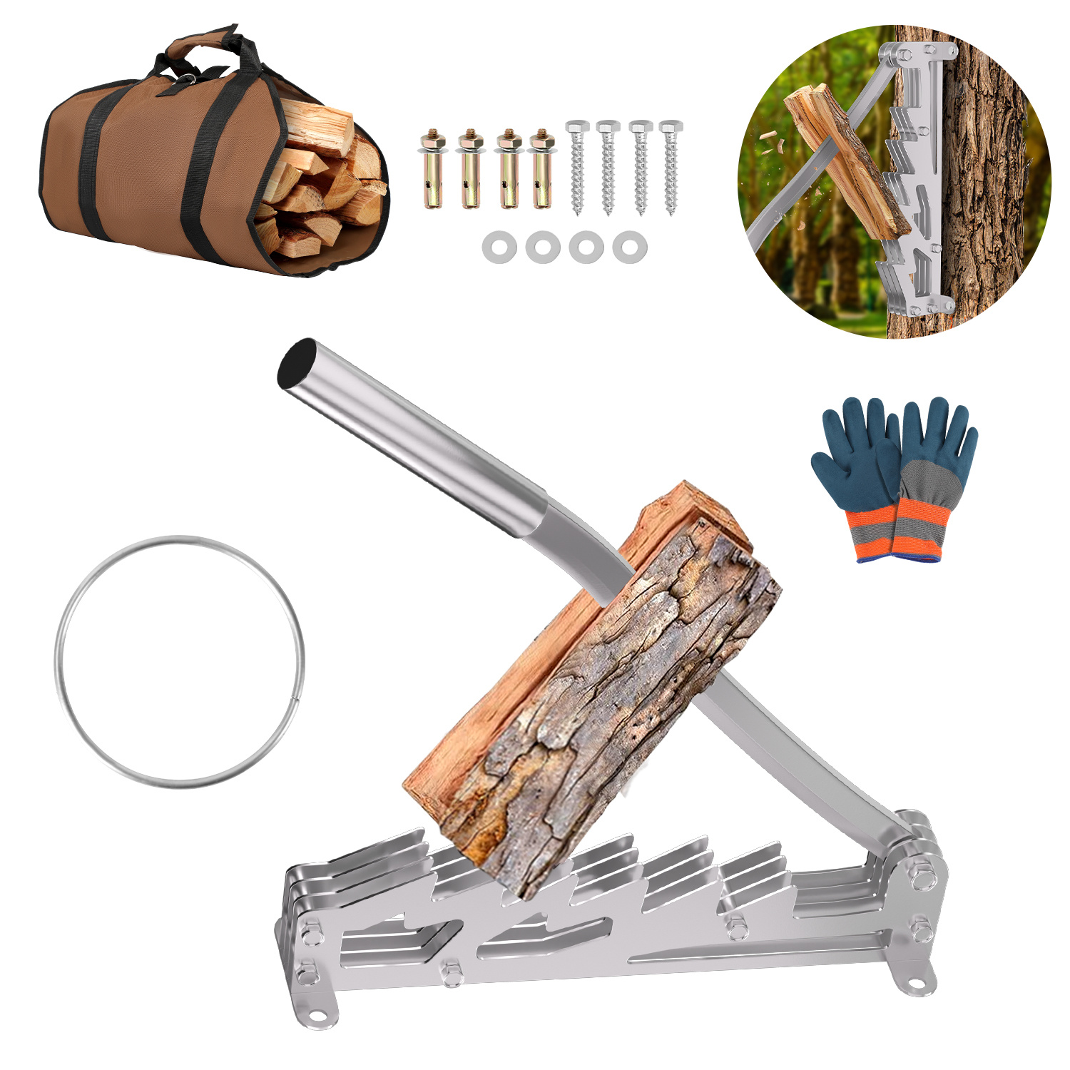 Randaco Manueller Holzspalter Für Kaminholz Mit Festem Griff Und Zubehör, Wandmontage, Silber