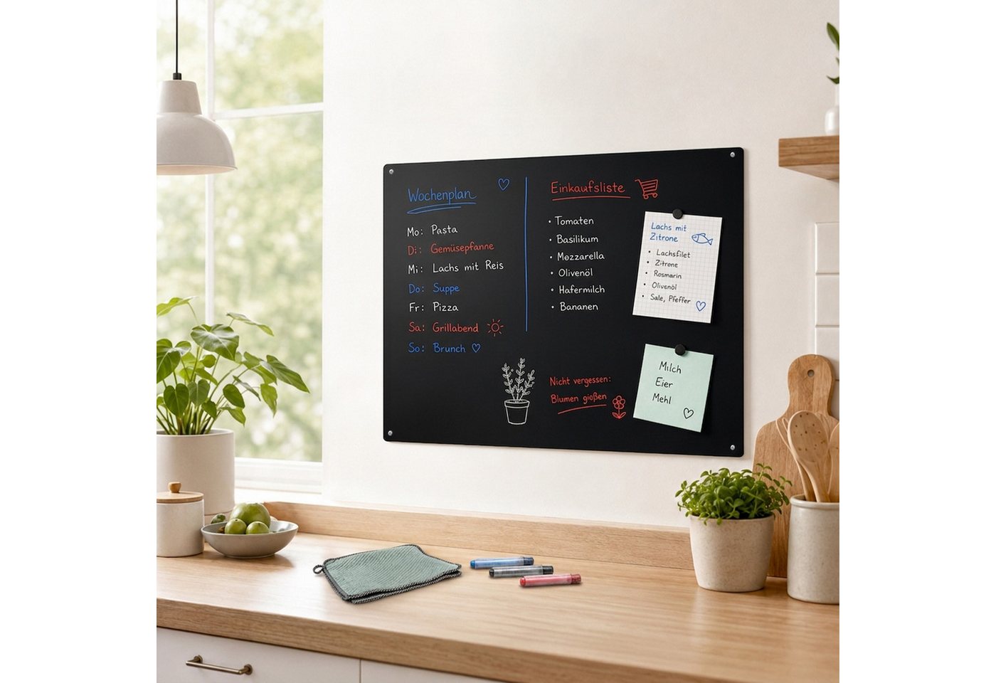 Relaxdays Magnettafel, Kreidetafel Beschreibbar, Magnetwand Inkl. 3 Stifte, 50x30, Memoboard Büro, Küche, Stahl, Schwarz
