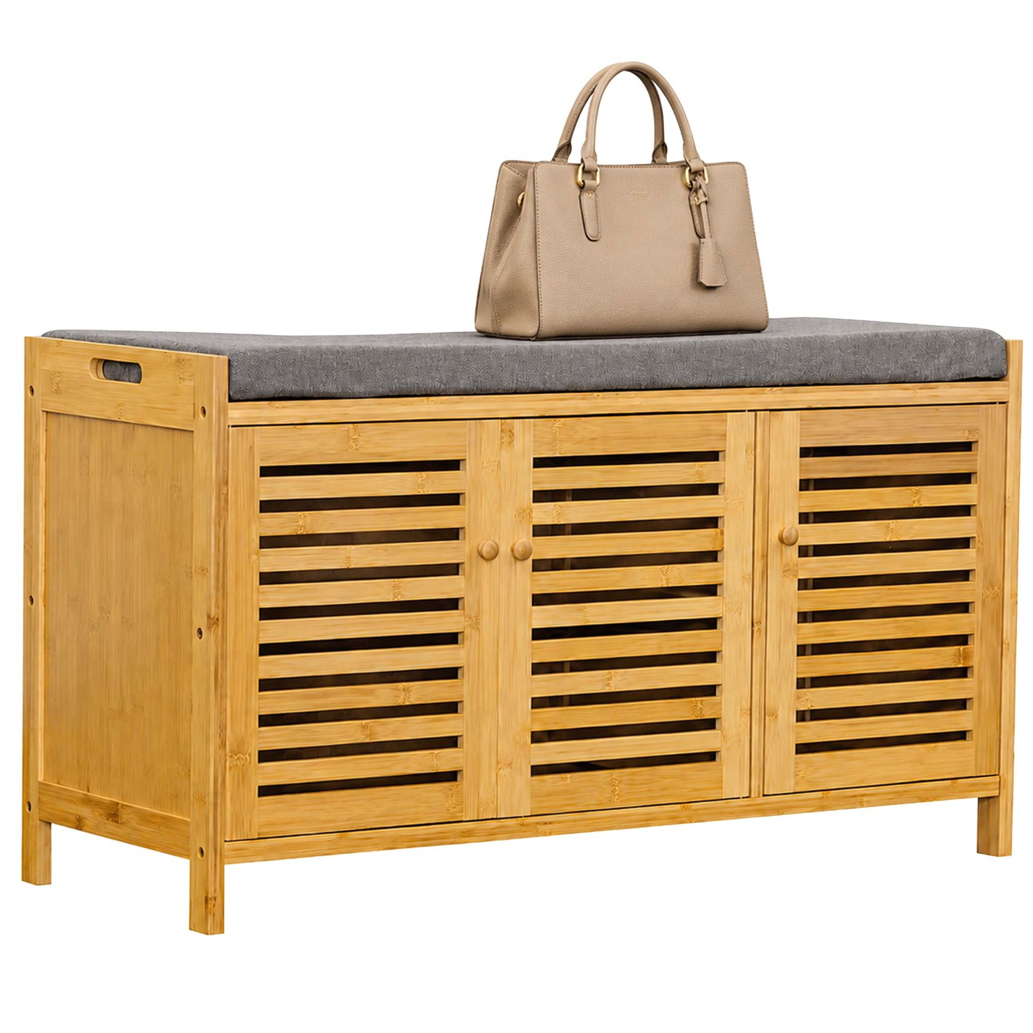 Relaxdays Schuhbank, Gepolsterte Sitzfläche, Bambus, 3 Fächer, Hxbxt: 50 X 90 X 35 Cm, Schuhsitzbank Flur, Natur/grau