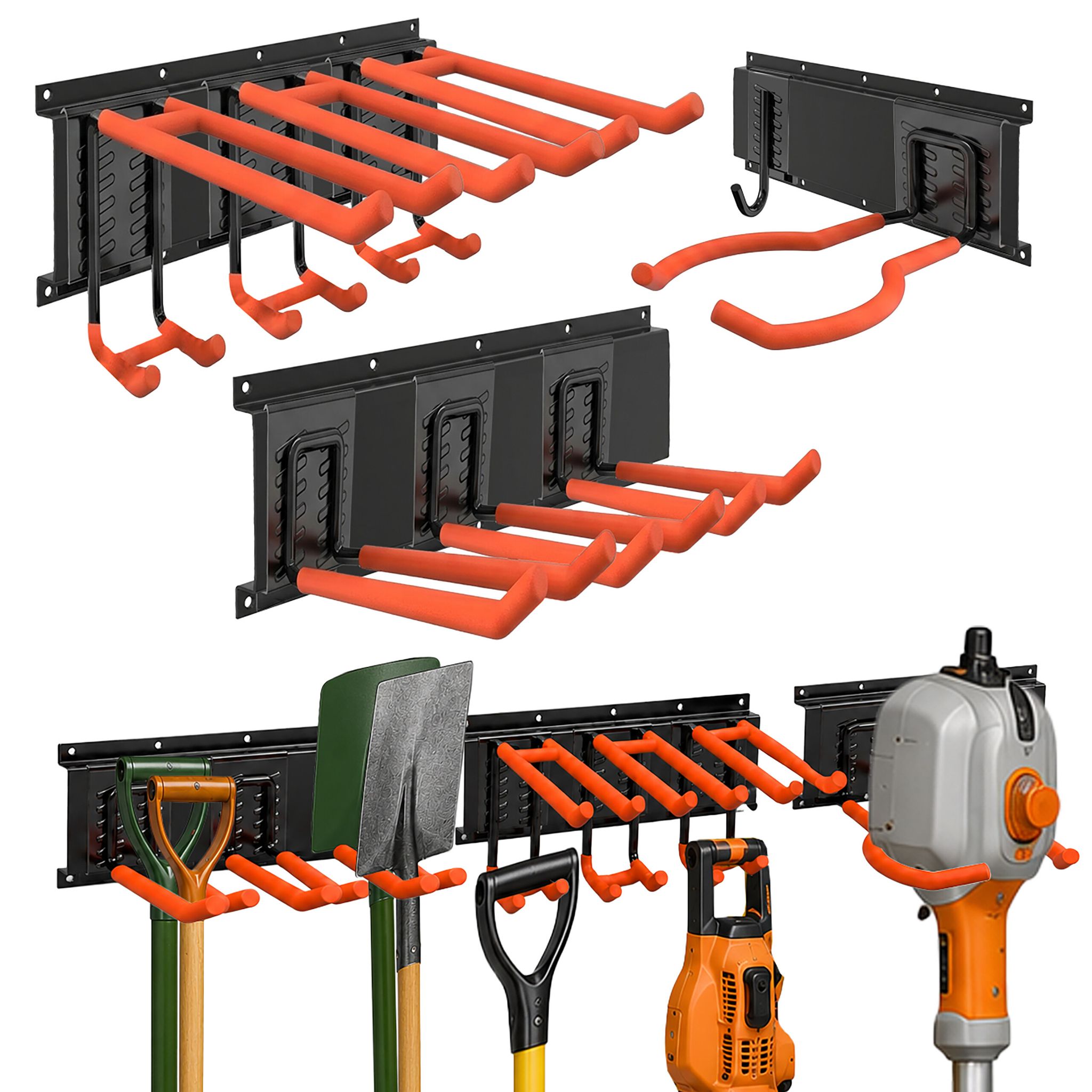Relaxdays Wandhaken, 3 Schienen Mit 8 Haken, Garage, Werkstatt, Pulverbeschichtet, Stahl, Gerätehalter, Schwarz/orange