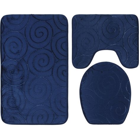3-teiliges Badezimmer-matten-set, Geprägtes Steinmuster, Wc-sitzbezug, Badewannenmatte, Saugfähige Seitenmatte, Marineblau