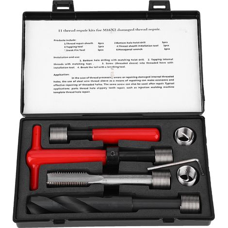 11-teiliges Gewindereparaturset Aus Edelstahl, Spiralbohrer, Gewindebohrerschlüssel, M16x2 Gewindeeinsetzwerkzeug