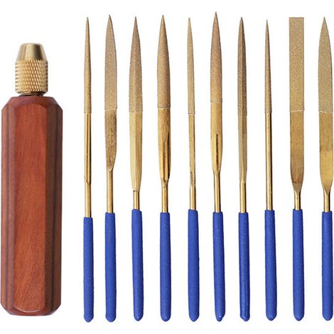 Set Kleiner Juwelierfeilen Aus Einer Legierung, Holzschnitzwerkzeug Für Metall, Holz Und Kunststoff, Sechseckiger Schaft Aus Rosenholz, Vergoldet, 11-teilig