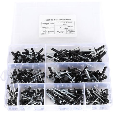 Schwarzes Blindnietenset, 200-teilig, Verschiedene Aluminium-befestigungselemente 3,2/4,0/4,8 Mm
