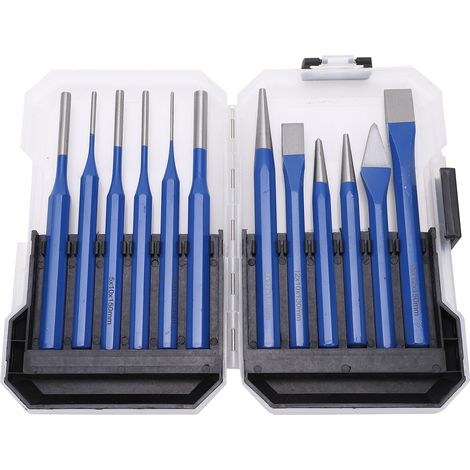 Stanzwerkzeug-set, 12-teilig, Flach, Zylindrisch, Konisch, Blauer Griff, Gravier- Und Stanzwerkzeuge