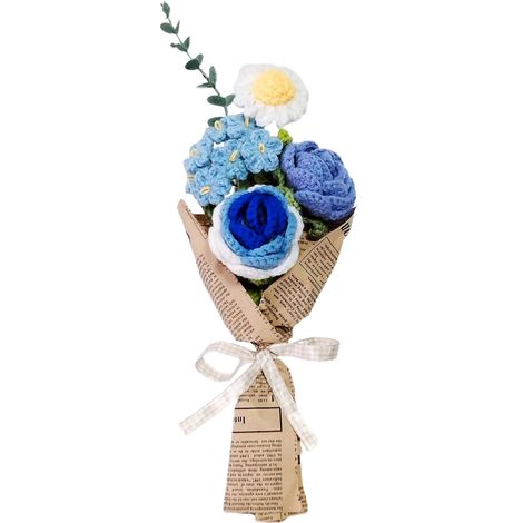 Handgestrickter Blumenstrauß, Lebendige Künstliche Blumen Mit Grünen Blättern Für Zuhause, Küche, Büro, Party (blau)