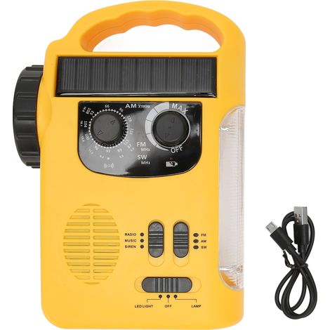 Notfallradio Mit Handkurbel (am/fm/sw), Solarbetrieb, Led-taschenlampe, Leselampe Und Mp3-player Für Campingausflüge, Gelb