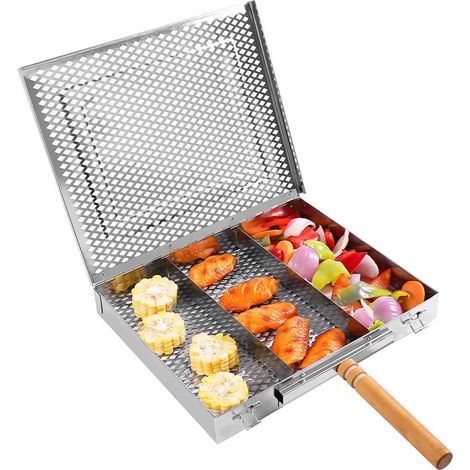 Grillkorb Für Den Außenbereich – Faltbarer Grillkorb Aus Edelstahl Mit Abnehmbarem Griff Und Zwei Herausnehmbaren Trennwänden, Ideal Zum Grillen Von Gemüse, Fisch, Garnelen, Steaks Usw.