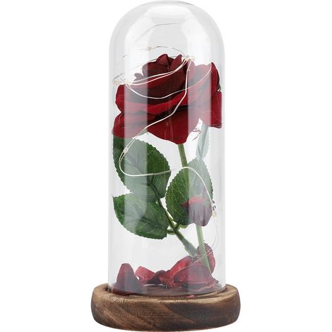 Konservierte Rose, Rote Seidenrose Unter Einer Glasglocke Mit Led-beleuchtung Und Kiefernholzsockel, Romantisches Geschenk Zum Valentinstag, Weihnachten, Muttertag, Hochzeitstag Oder Geburtstag
