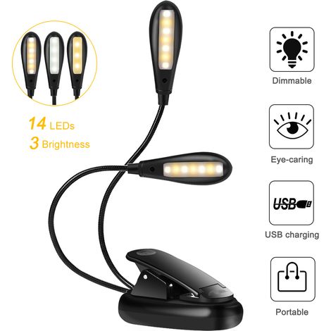 Leselampe, 14 Leds, Usb-wiederaufladbare Augenlampe, Flexible Klemm-leselampe