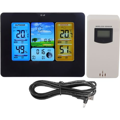 Drahtlose Digitale Wetterstation Mit Lcd-display, Thermometer, Uhr, Innen- Und Außenfeuchtigkeitssensor (schwarz)