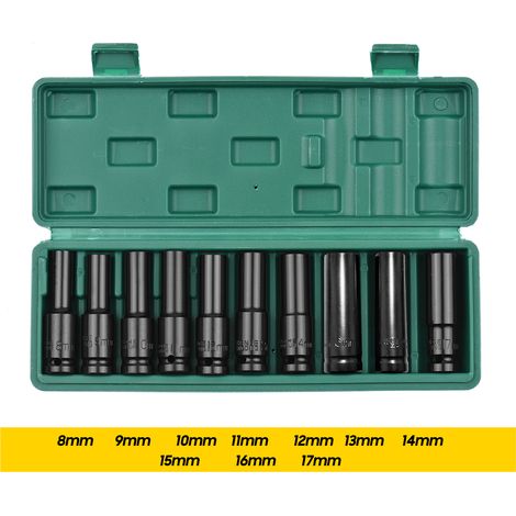10-teiliger 1/2-zoll-sechskant-schlagschrauber-steckschlüsselsatz, Tiefe Metrische Größen, Cr-v-material, 8–17 Mm, Mit Aufbewahrungsbox