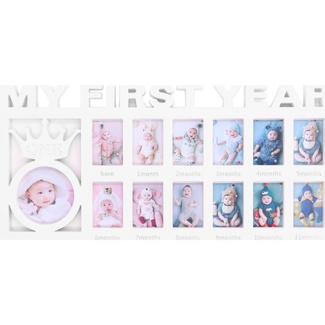 Robuster, Polierter Bilderrahmen Für Neugeborene Mit 12 Kleinen Fotorahmen Zur Monatlichen Dokumentation Des Wachstums Ihres Babys. Ideal Als Geschenk. Weiß.