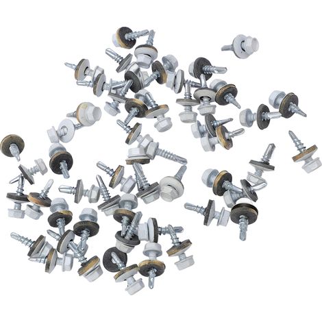 Die Weiße Sechskant-einzelbohrschraube Für Metalldächer Befestigt Die Epdm-unterlegscheibe Mit Der Holzdachschraube Und Dem Leiterbohrer.