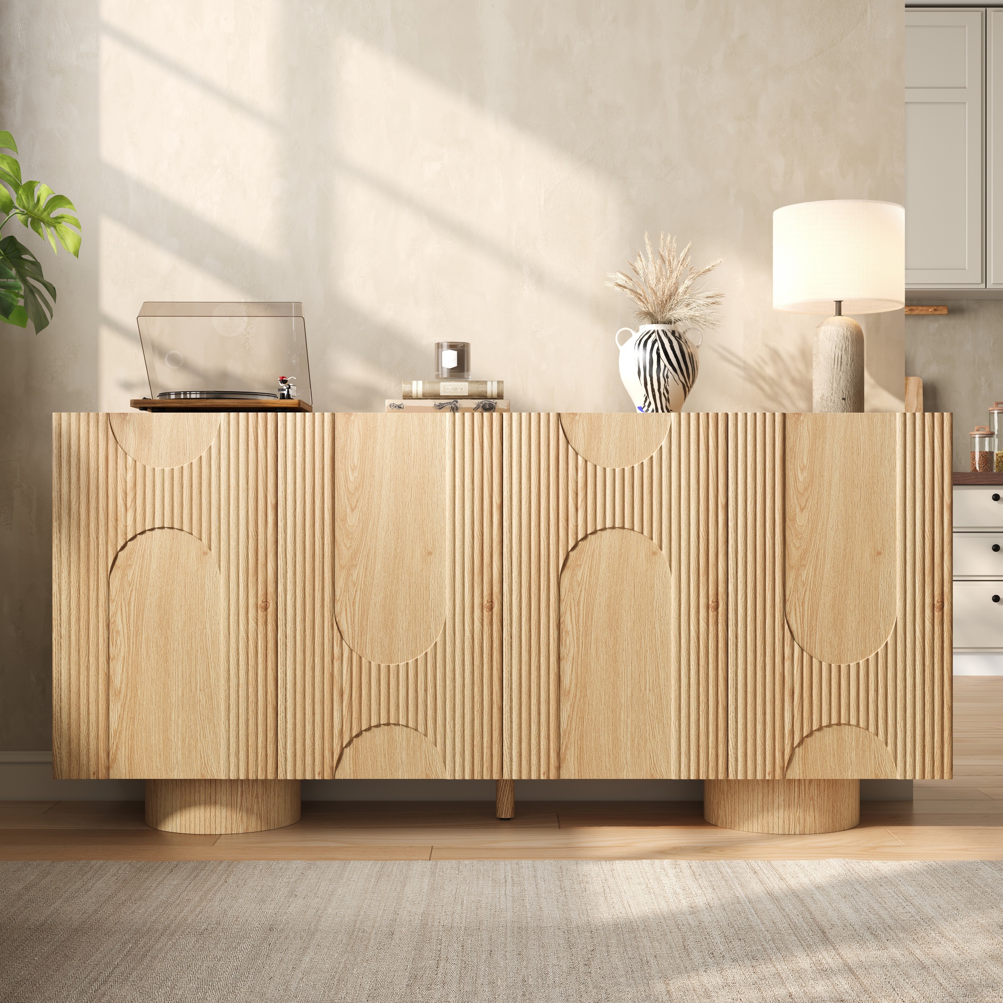 Sideboard Schuhschrank 160x38,5x76 Cm Für Flur Und Wohnzimmer - Mehrzweckschrank Mit 4 Türen Und Höhenverstellbaren Böden Aus Mdf Und Bambus - Natur