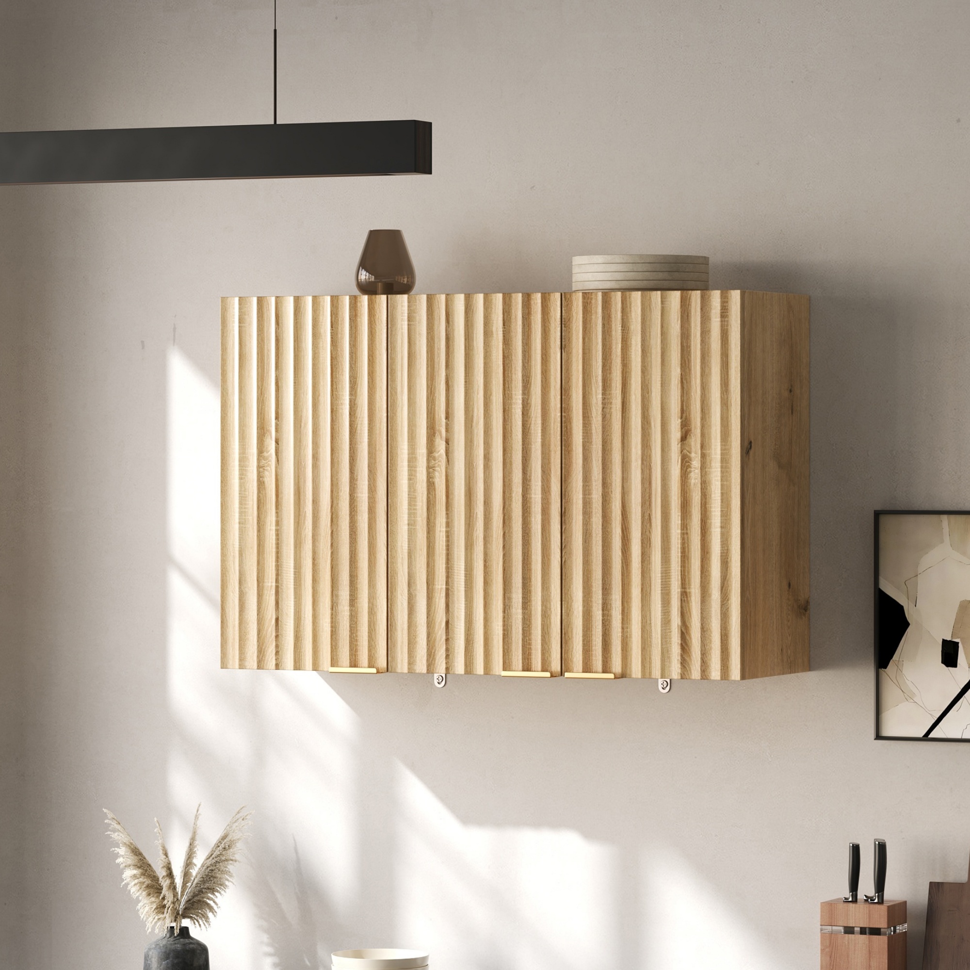 Küchen-hängeschrank Mit 3 Türen - 90 X 29 X 60 Cm Hängeschrank Zur Wandmontage Für Küche Bad Und Wohnzimmer Aus Mdf - Naturholzfarbe