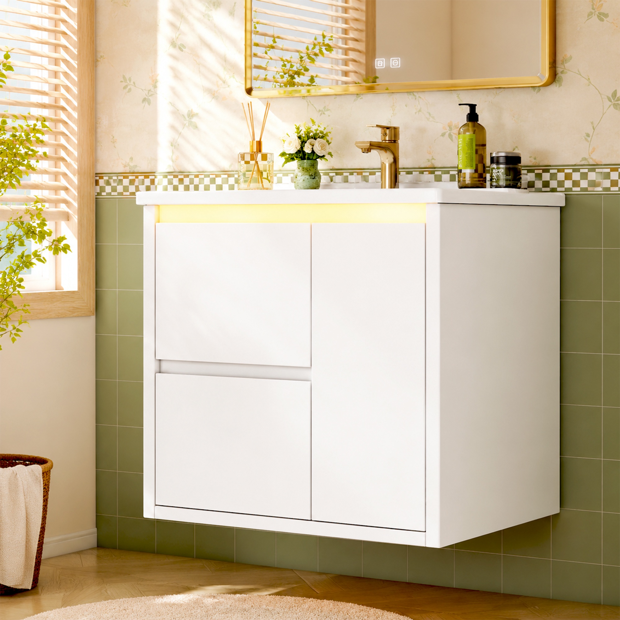 Wandmontierter Waschtisch Mit Keramikbecken 61x46.5x57 Cm - Badezimmer Unterschrank Komplett Lackiert Mit Led-sensor Und Soft-close Schubladen - Weiß Mdf