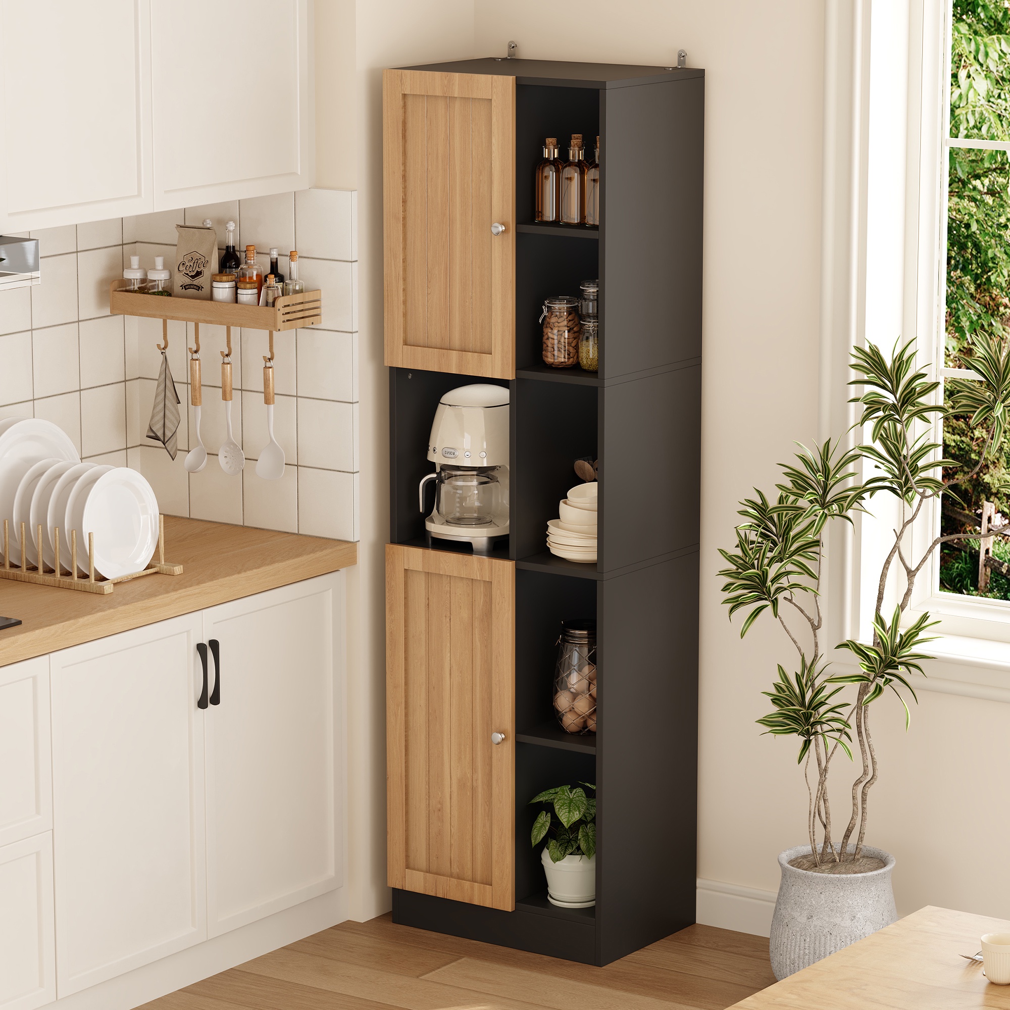 Eckschrank Küche Hochschrank Mit 6 Offenen Regalen Und 2 Türen Schmaler Küchenregal Eckregal Für Esszimmer - 50x35,5x170cm - Mdf Modern - Anthrazit Und Eiche