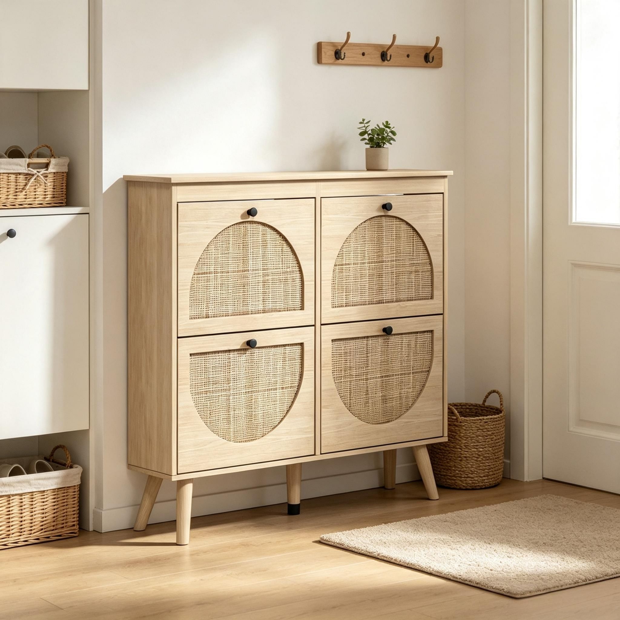 Schuhschrank Platzsparend 105 X 24 X 97.5 Cm - Schuhkipper Mit 4 Klappen Aus Rattan Boho-stil Flurkommode - Naturholz