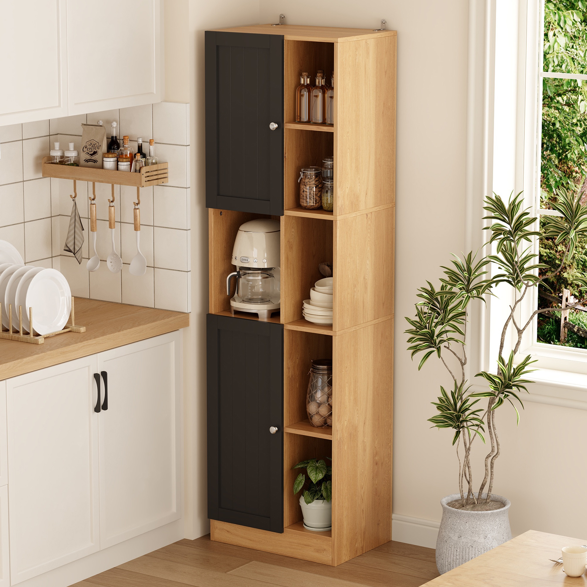 Eckschrank Küche Hochschrank 50x35,5x170cm Mit 6 Offenen Regalen Und 2 Türen Für Wohnzimmer Und Esszimmer Aus Mdf Modern - Anthrazit/eiche