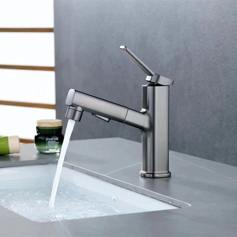 Graue Badezimmerarmatur Mit Ausziehbrause, 3-wege-mischbatterie, Elegante Messing-waschtischarmatur Im Brunnen-design