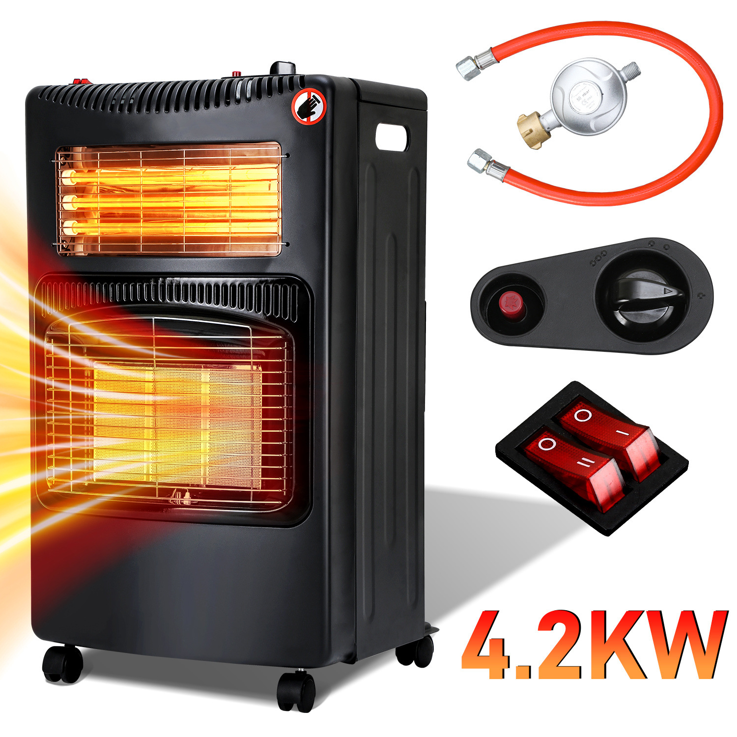 Tolletour 2-in-1 Gas- & Elektroheizung 4200w/1200w, Keramik & Quarz, 3 Gasstufen, Ods, 5 Rollen, Inkl. 2 Eu-adaptern