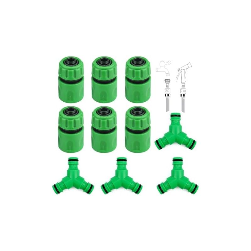 4-teiliges Gartenschlauch-anschlussset. Y-förmiger Verteiler Mit 6 X 1/2"-wasserrohrverbindern. Grün. Für Gartenbewässerungsanschlüsse.