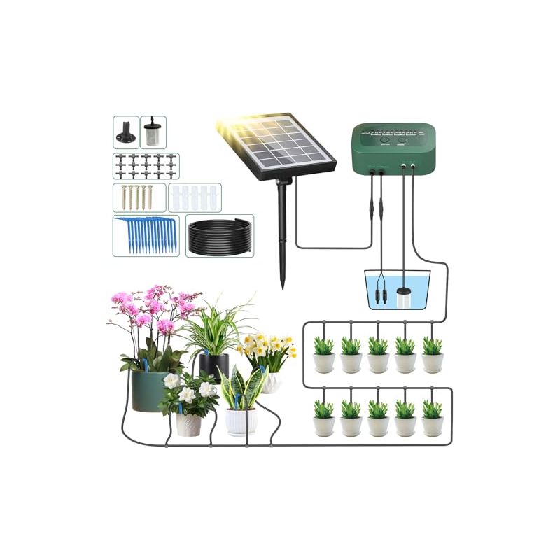 Automatisches Tropfbewässerungsset. Solarpumpensystem Mit Bewässerungszubehör Und 15 M Schlauch Für Garten, Gemüsebeet, Balkon Und Blumentöpfe Im Freien.