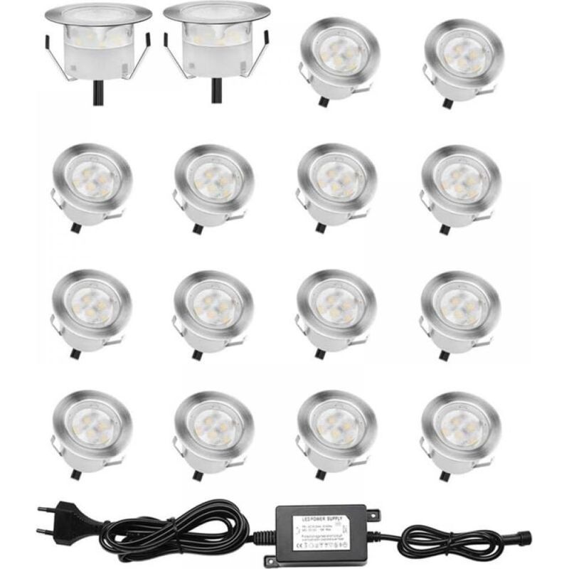Set Mit 16 Led-einbaustrahlern Für Den Außenbereich. Ip67 Wasserdichte Treppenbeleuchtung. Ø 32 Mm. Einbaustrahler Für Holzterrassen, Pools, Gärten, Treppen Und Decks (kaltweiß).