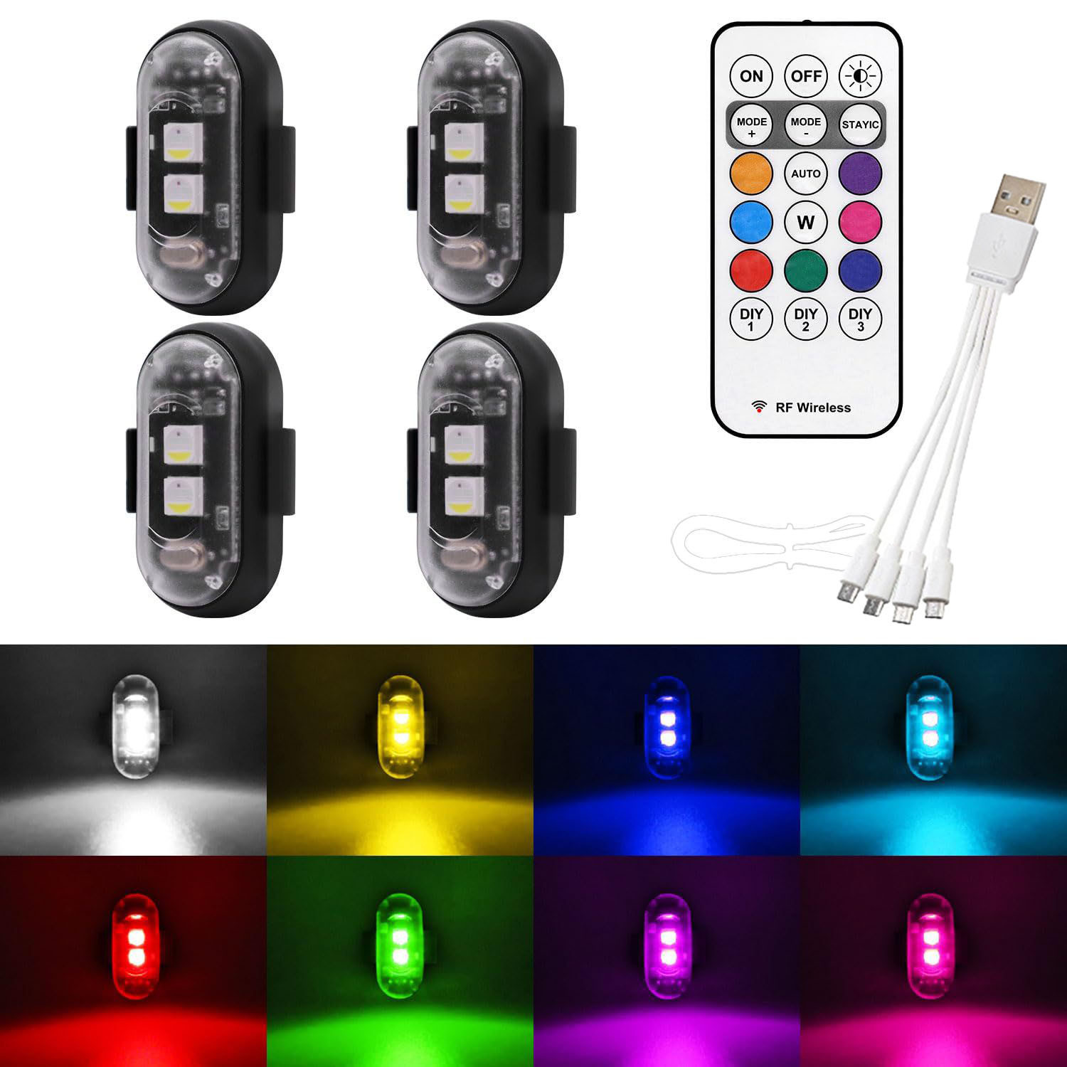 Ein Set Aus 4 Led-blitzwarnleuchten Mit Fernbedienung, Wasserdicht, Usb-wiederaufladbar, Erhältlich In 8 Farben, Geeignet Für Autos, Motorräder Und Fahrräder.