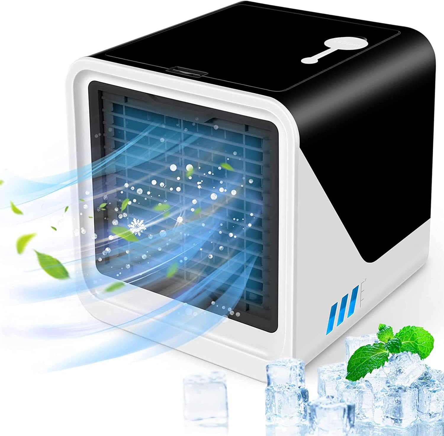 Mini-klimaanlage, Multifunktionaler Usb-ventilator, 500-ml-wassertank, Drei Lüftergeschwindigkeiten, Schwarz-weißes Farbschema.