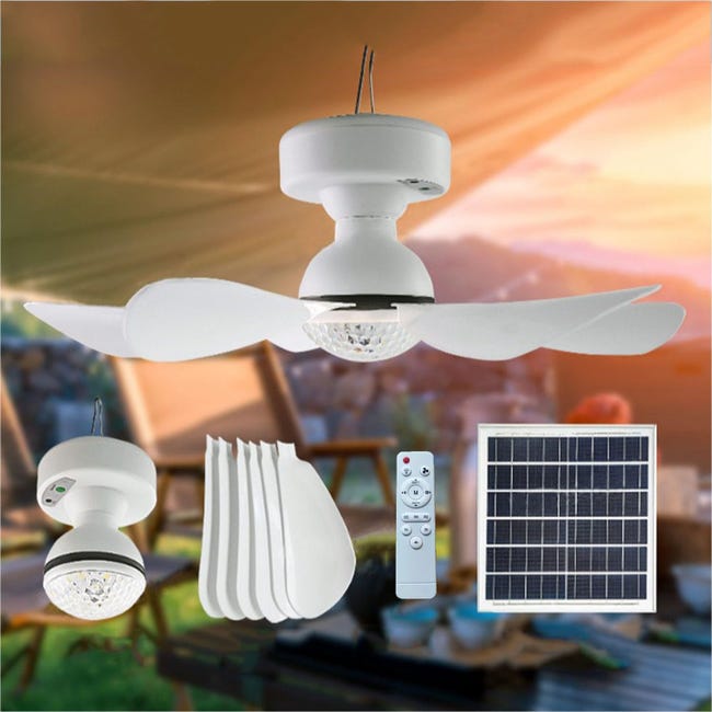 Tragbarer, Abnehmbarer Deckenventilator Mit Fernbedienung, Solarladefunktion, Drei Lüftungsstufen Und Zwei Lichtfarben.