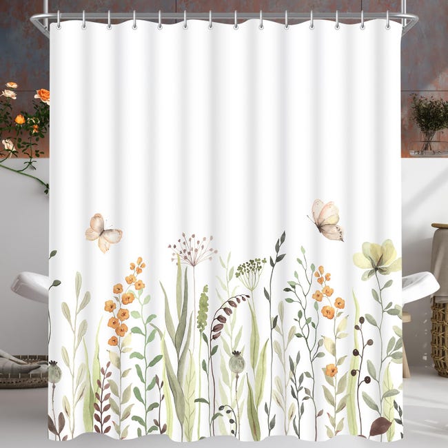 Duschvorhang Mit Blumenmuster, 165 X 180 Cm, Blumen- Und Schmetterlingsmuster, Wasserdichtes Material, Mit Haken Und Ösen.