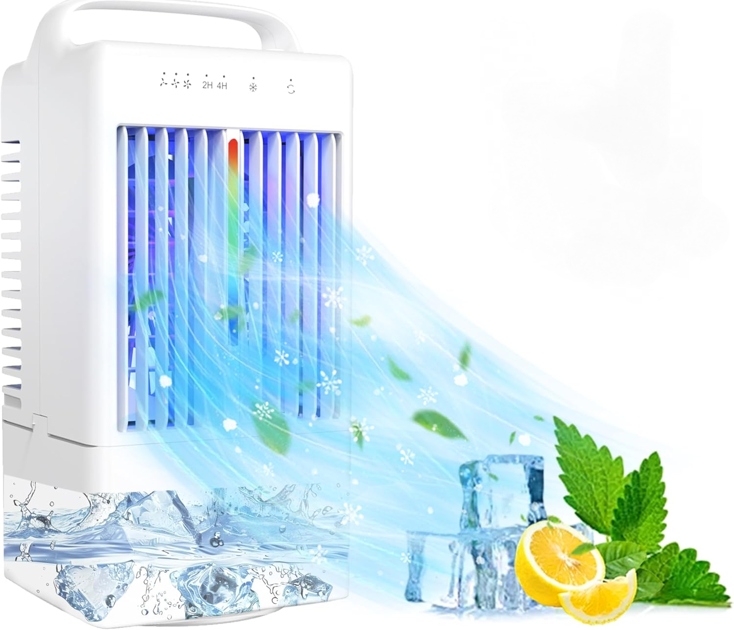 Tragbare Klimaanlage Mit 3 Lüfterstufen, 2/4-stunden-timer, 900 Ml Großem Wassertank, 7-farbiger Beleuchtung Und Fernbedienung.