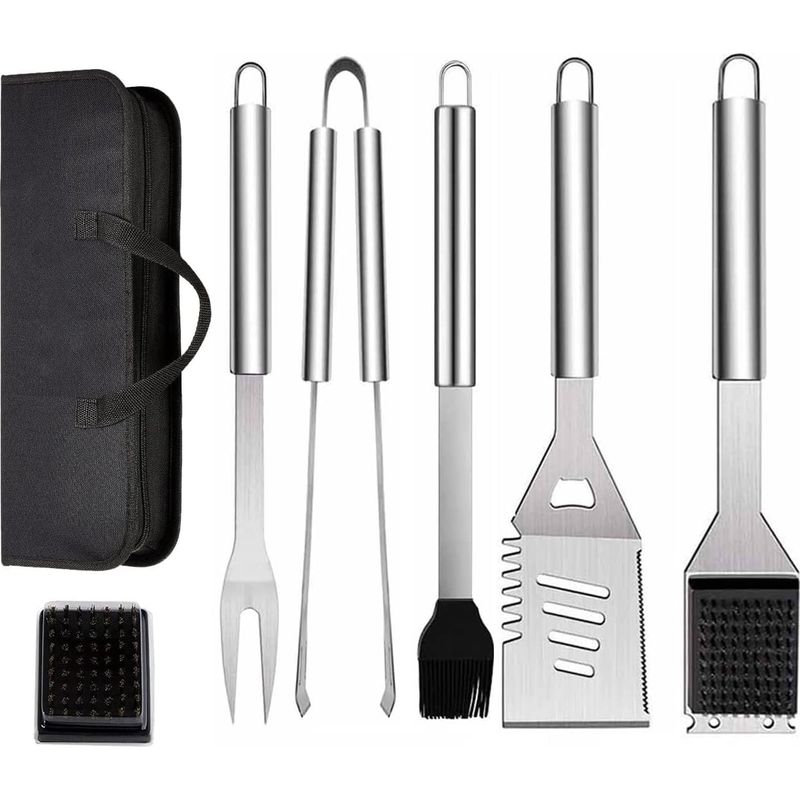 7-teiliges Grillbesteck-set Aus Edelstahl – Pfannenwender, Zange, Gabel – Inklusive Tragetasche – Ideal Für Camping Und Gartenarbeit