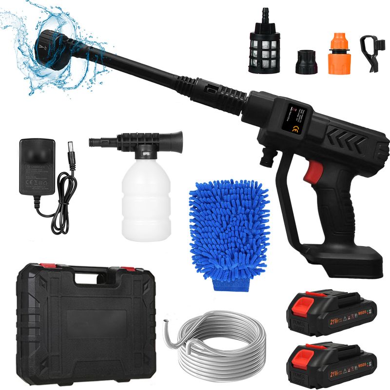 21v Autowaschpistolen-set, Tragbarer Hochdruckreiniger, Mit 6-in-1-düse, Zwei 8000mah-akkus, 5m Schlauch Und Zubehör.