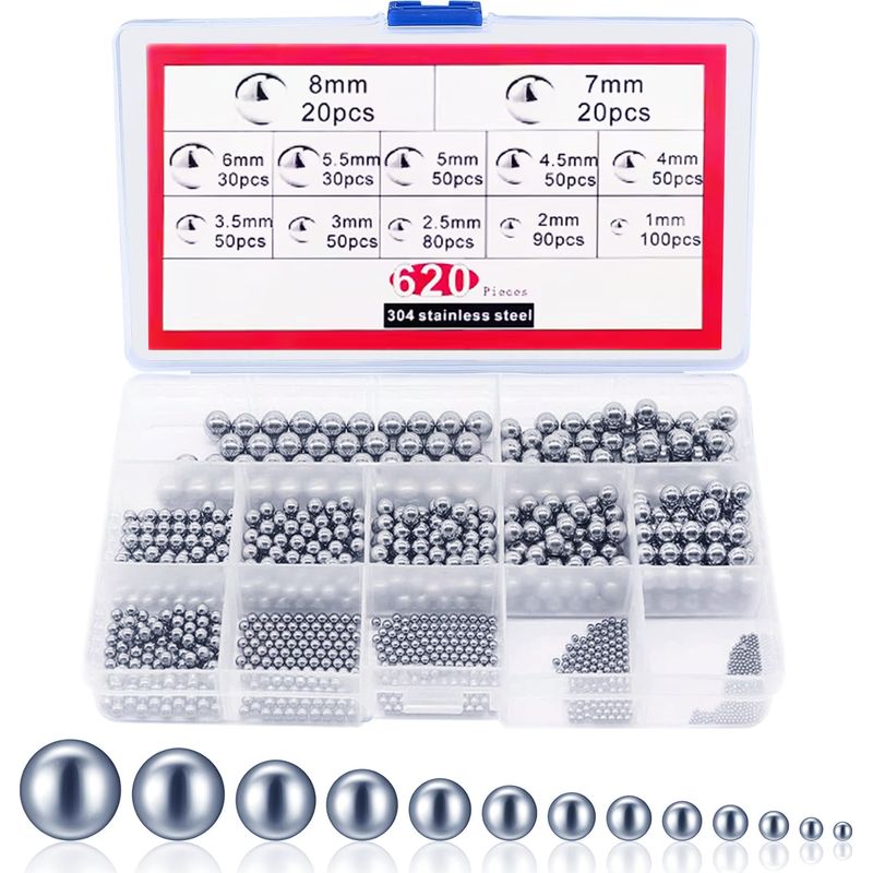 Kugellagerkugeln – Edelstahl 304 – Durchmesser 1 Bis 8 Mm – 12 Größen – Metrische Präzision – Für Fahrradlager Und -anwendungen – Packung Mit 620 Stück