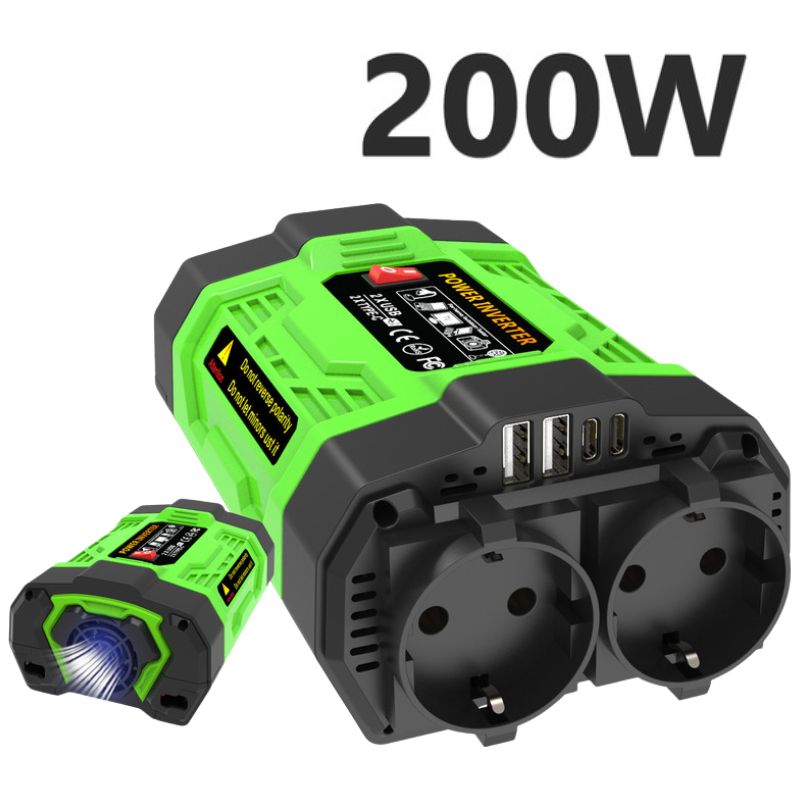 200-w-kfz-stromwandler, 12-v-gleichstrom-auf-220-v-wechselstromadapter, 2 Usb-typ-c-anschlüsse, 2 Steckdosen