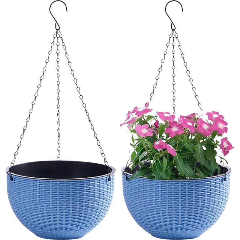 Set Mit 2 Hängeblumentöpfen Mit Edelstahlkette Für Drinnen Und Draußen, Balkon, 21 Cm Durchmesser, Blau -