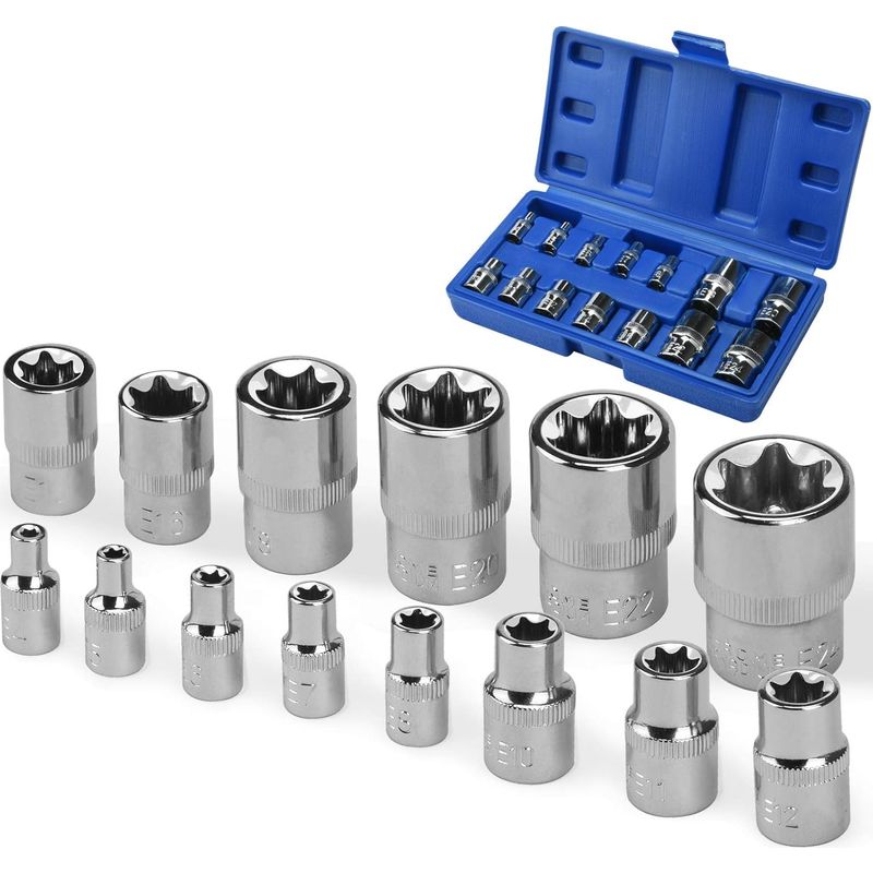 – 14-teiliger Torx-steckschlüsselsatz E4 – E24 1/4", 3/8", 1/2" – Chrom-vanadium-stahl – Für Schlagschrauber – Komplettkoffer