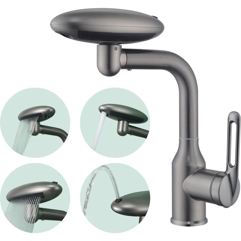 Multifunktionale Wasserfall-waschtischarmatur Mit 4 Wassermodi, Einzelstrahl, Modernem Badezimmerdesign, 360° Drehbarem Auslauf, Zuleitungen In Gunmetal-grau