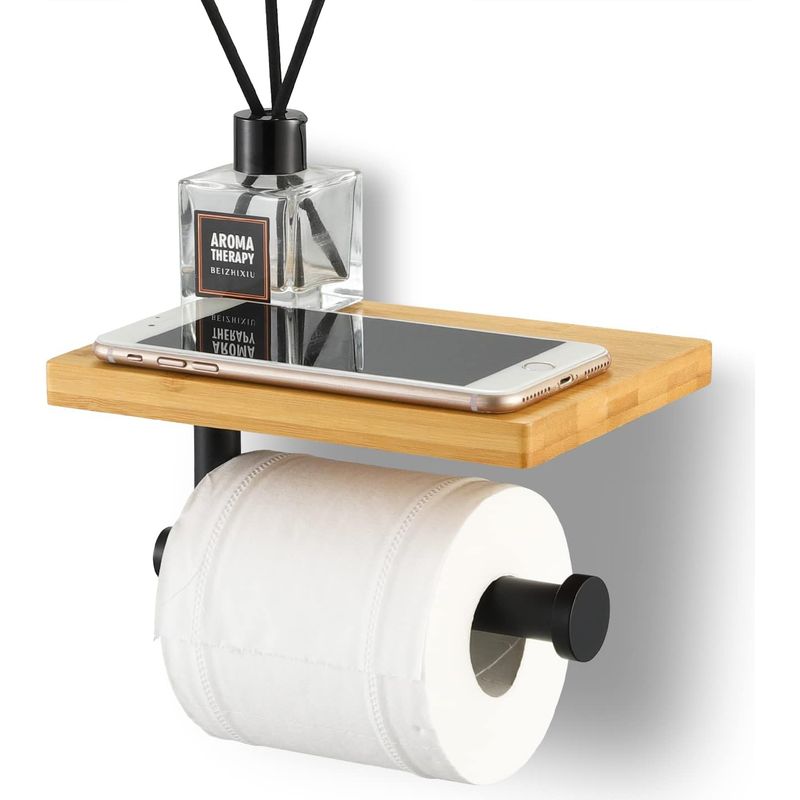 Toilettenpapierhalter Mit Bambusablage – Schwarzer Edelstahl Sus304 – Wandmontage Mit Schrauben Oder 3m-klebeband – Für Rollen Bis Zu 12,5 Cm (4,92 Zoll)