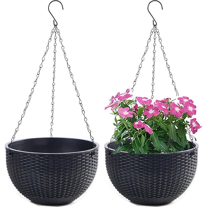 Set Mit 2 Hängeblumentöpfen Mit Edelstahlkette Für Drinnen Und Draußen, Balkon, 21 Cm, Schwarz -
