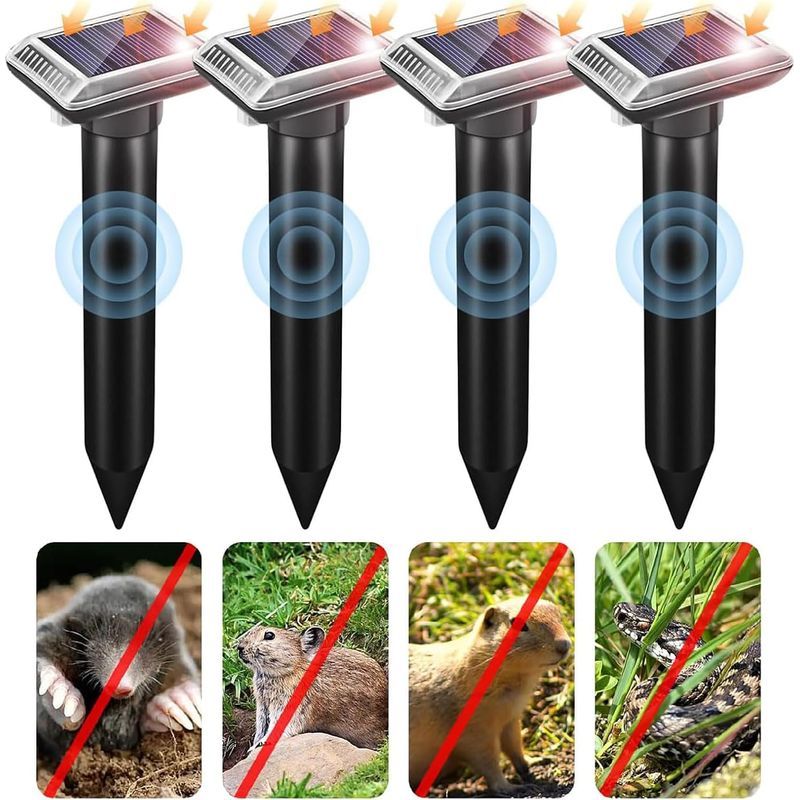 Set Mit 4 Solarbetriebenen Ultraschall-mäuseabwehrgeräten, Die Auch Zur Abwehr Von Maulwürfen, Schlangen, Wühlmäusen Und Anderen Schädlingen Geeignet Sind.