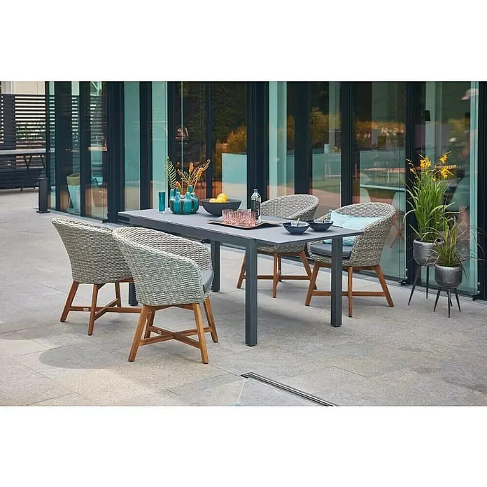 Sunfun Gartenmöbel-Set Maja/Pauline (5 -tlg., Glas/Polyrattan, Aluminium, Anthrazit/Naturbraun/Bambus Grey)