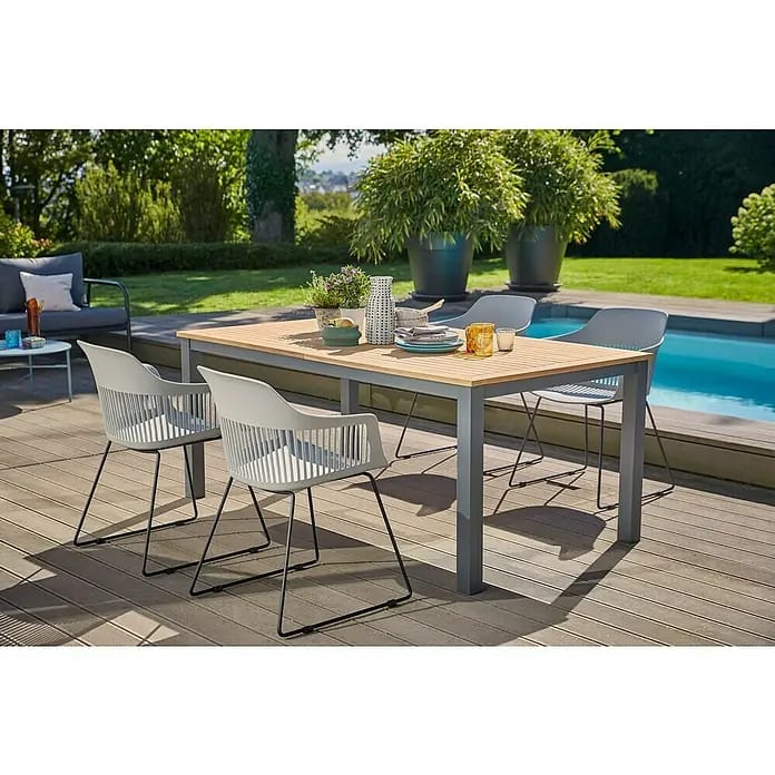 Sunfun Gartenmöbel-Set Carina/Annika (5 -tlg., Akazie/Stahl, Kunststoff/Metall, Naturbraun/Anthrazit/Hellgrau)