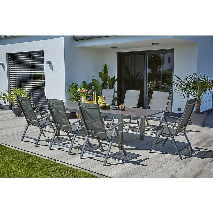 Sunfun Maja Gartenmöbel-Set Stone (9 -tlg., Sintered Stone, Aluminium, Textilene, Night-Grey)